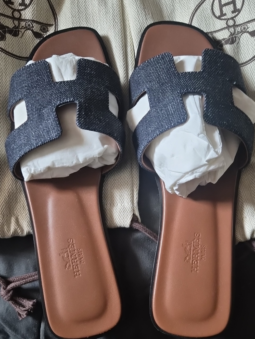 Hermes Denim Slide Sandals in Dark Blue